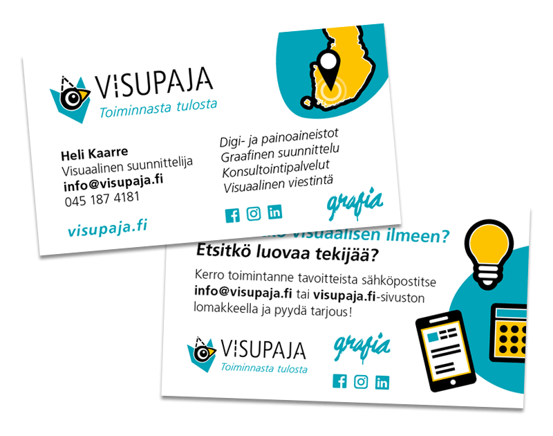 Käyntikorttitaitto Visupajan 2-puoleinen käyntikortti.