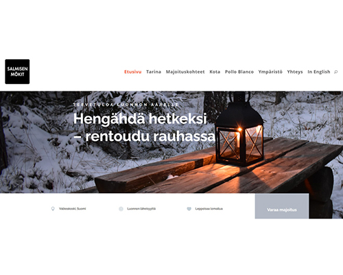 salmisenmokit.net-etusivu Salmisen mökit -verkkosivuston talviaiheinen hero-kuva.