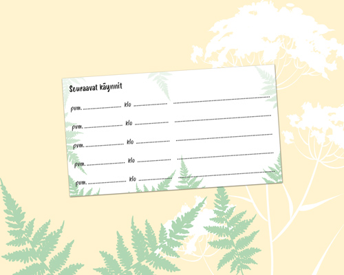 Jalkojenhoitajan käyntikortin taustapuoli.