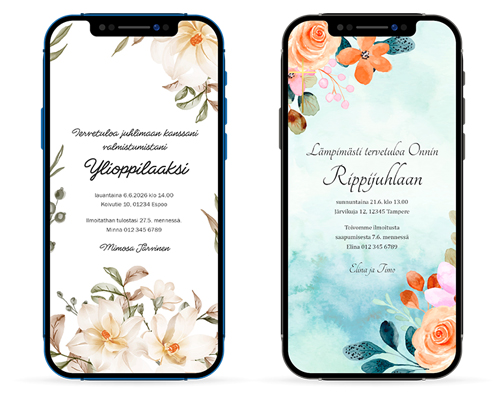 Digitaaliset kutsut. Valmiit pohjavaihtoehdot: Mimosa ja Onni.