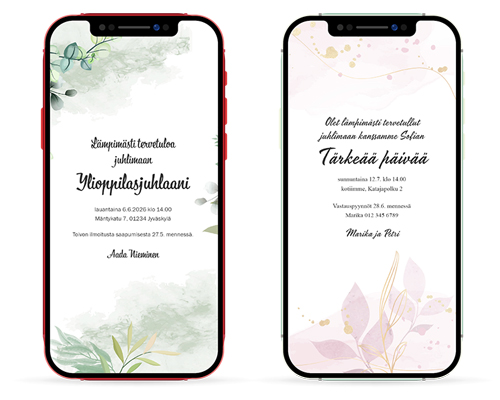 Digitaaliset kutsut. Valmiit pohjavaihtoehdot: Aada ja Sofia.