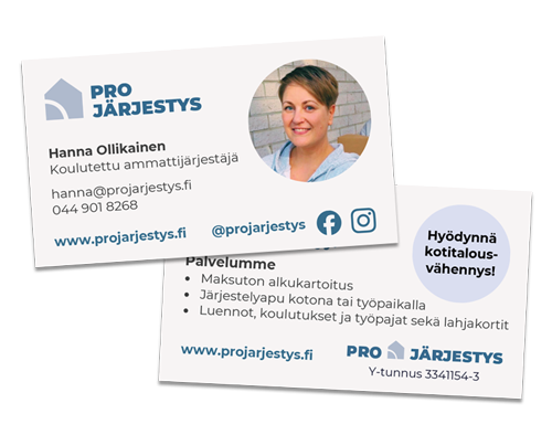 2-puoleiset Pro Järjestys -käyntikortit.